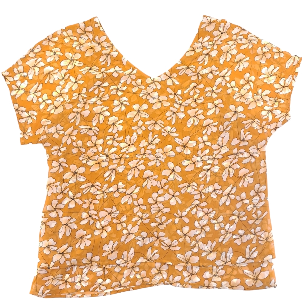 CAbi Thrive Floral Double Layer Chiffon Top Butterscotch Yellow V-Neck Flowy XL - Picture 3 of 8